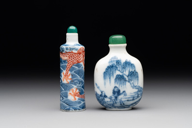 A Chinese blue and white 'figurative' snuff bottle and a blue, white and iron-red 'dragon' snuff bottle, Qianlong mark, 19th C.