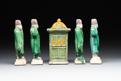 A set of Chinese sancai-glazed pottery carriers and a sedan chair, Ming