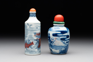Two Chinese blue, white and copper-red snuff bottles, Gui Li Lian Nian 鮭鯉鰱鯰 and Qianlong mark, 18/19th C.