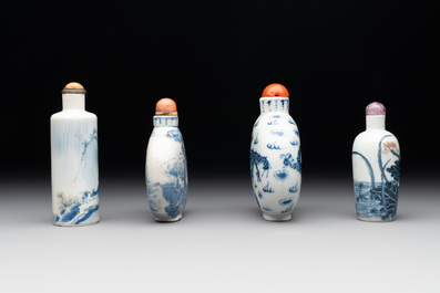 Three Chinese blue, white and copper-red snuff bottles and a blue and white snuff bottle, Qianlong mark, 19th C.