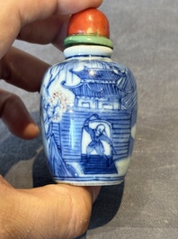 Two Chinese blue, white and copper-red snuff bottles, Gui Li Lian Nian 鮭鯉鰱鯰 and Qianlong mark, 18/19th C.