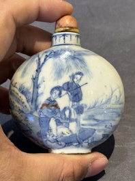 Three Chinese blue, white and copper-red snuff bottles and a blue and white snuff bottle, Qianlong mark, 19th C.
