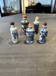 Five Chinese blue, white and copper-red snuff bottles, 19/20th C.