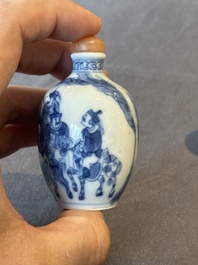 Two Chinese blue and white snuff bottles and two blue, white and copper-red snuff bottles, Yongzheng and Qianlong mark, 19th C.
