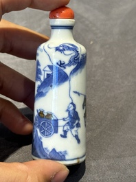 Two Chinese blue and white snuff bottles and a blue, white and copper-red snuff bottle, Yongzheng mark, 19th C.