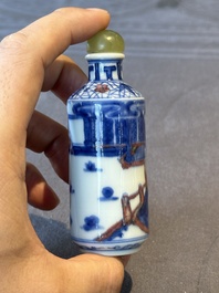 Two Chinese blue, white and copper-red snuff bottles and a blue and white 'crab' snuff bottle, Chenghua and Qianlong mark, 19th C.