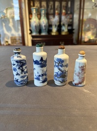 Two Chinese blue and white snuff bottles and two blue, white and copper-red snuff bottles, 19th C.