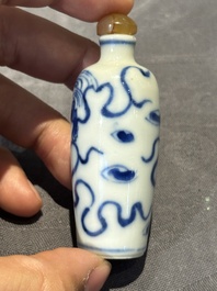 Nine Chinese blue and white snuff bottles, Kangxi and Qianlong mark, 19th C.