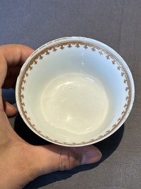 A pair of Chinese armorial famille rose cups and saucers with the arms of Tyndall for the English market and two monogrammed bowls, Qianlong