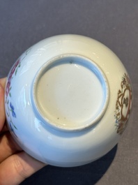 A pair of Chinese armorial famille rose cups and saucers with the arms of Tyndall for the English market and two monogrammed bowls, Qianlong