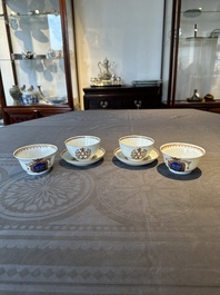 A pair of Chinese armorial famille rose cups and saucers with the arms of Tyndall for the English market and two monogrammed bowls, Qianlong