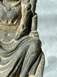 A Gandhara grey schist sculpture of the Bodhisattva Maitreya, a sculpture of a master with a child and a fragment of a divinity, 1/5th C.