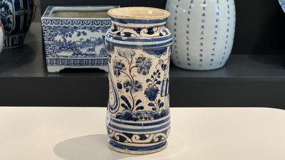 A blue, white and manganese Portuguese faience albarello, 17th C.