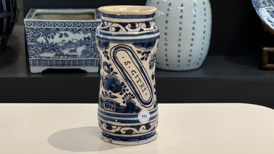 A blue, white and manganese Portuguese faience albarello, 17th C.