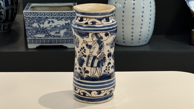 A blue, white and manganese Portuguese faience albarello, 17th C.