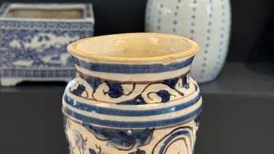 A blue, white and manganese Portuguese faience albarello, 17th C.