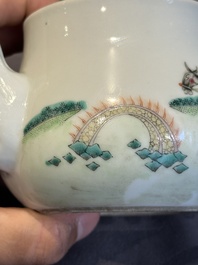 A Chinese blue and white 'dragon' vase, a famille rose 'millefleurs' vase and a teapot, Qianlong mark, 19/20th C.