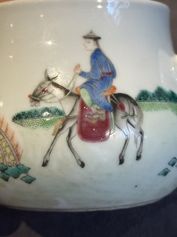 A Chinese blue and white 'dragon' vase, a famille rose 'millefleurs' vase and a teapot, Qianlong mark, 19/20th C.