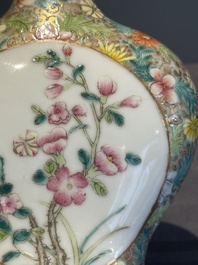 A Chinese blue and white 'dragon' vase, a famille rose 'millefleurs' vase and a teapot, Qianlong mark, 19/20th C.