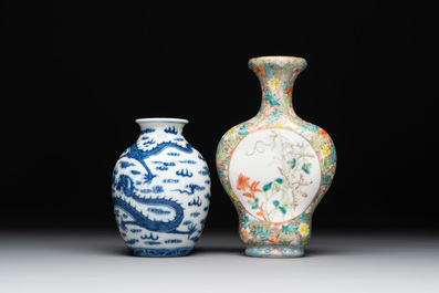 A Chinese blue and white 'dragon' vase, a famille rose 'millefleurs' vase and a teapot, Qianlong mark, 19/20th C.