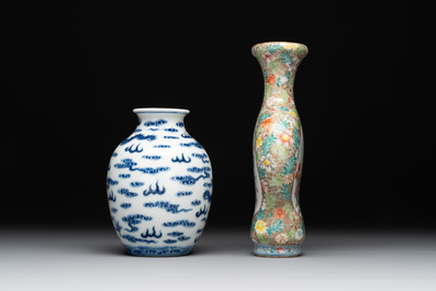 A Chinese blue and white 'dragon' vase, a famille rose 'millefleurs' vase and a teapot, Qianlong mark, 19/20th C.