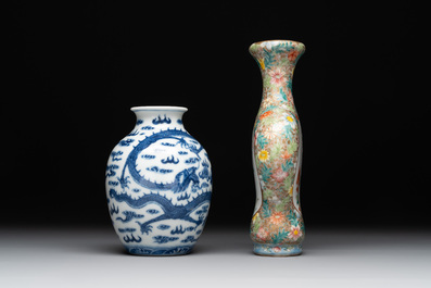 A Chinese blue and white 'dragon' vase, a famille rose 'millefleurs' vase and a teapot, Qianlong mark, 19/20th C.