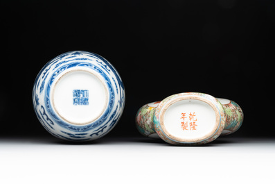 A Chinese blue and white 'dragon' vase, a famille rose 'millefleurs' vase and a teapot, Qianlong mark, 19/20th C.