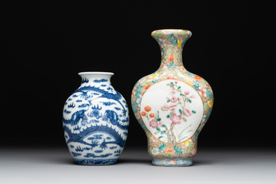 A Chinese blue and white 'dragon' vase, a famille rose 'millefleurs' vase and a teapot, Qianlong mark, 19/20th C.