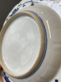 A Chinese verte biscuit teapot, a English-decorated blue and white plate and a ewer, Kangxi