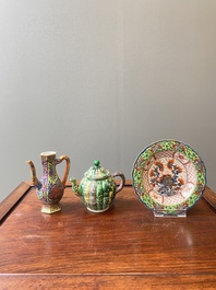 A Chinese verte biscuit teapot, a English-decorated blue and white plate and a ewer, Kangxi