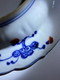 A Chinese verte biscuit teapot, a English-decorated blue and white plate and a ewer, Kangxi