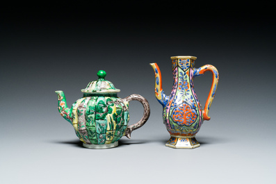 A Chinese verte biscuit teapot, a English-decorated blue and white plate and a ewer, Kangxi