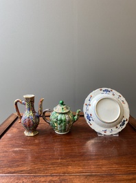 A Chinese verte biscuit teapot, a English-decorated blue and white plate and a ewer, Kangxi