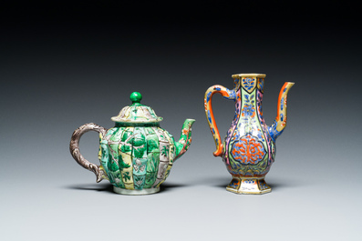 A Chinese verte biscuit teapot, a English-decorated blue and white plate and a ewer, Kangxi