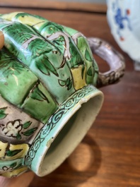 A Chinese verte biscuit teapot, a English-decorated blue and white plate and a ewer, Kangxi