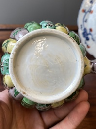 A Chinese verte biscuit teapot, a English-decorated blue and white plate and a ewer, Kangxi