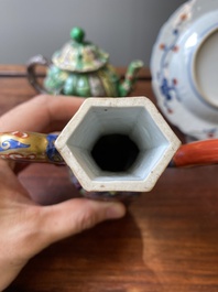 A Chinese verte biscuit teapot, a English-decorated blue and white plate and a ewer, Kangxi