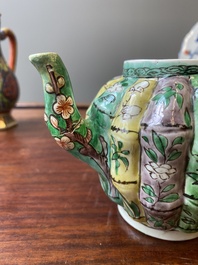 A Chinese verte biscuit teapot, a English-decorated blue and white plate and a ewer, Kangxi