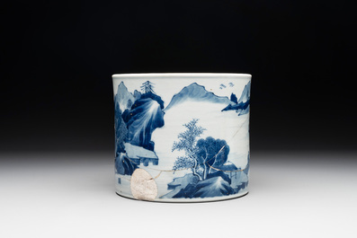 A Chinese blue and white 'landscape' brush pot, Kangxi