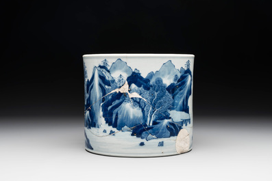 A Chinese blue and white 'landscape' brush pot, Kangxi