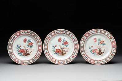 Eight Chinese famille rose 'pheasant and peonies' plates, Qianlong