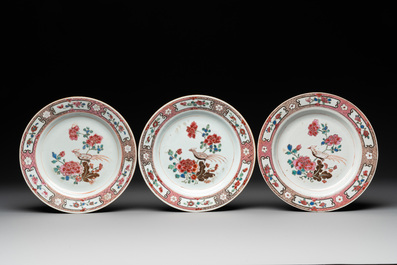 Eight Chinese famille rose 'pheasant and peonies' plates, Qianlong