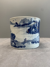 A Chinese blue and white 'landscape' brush pot, Kangxi