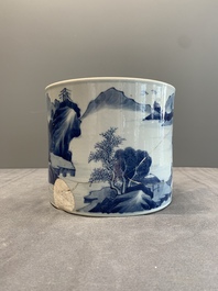 A Chinese blue and white 'landscape' brush pot, Kangxi