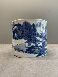 A Chinese blue and white 'landscape' brush pot, Kangxi