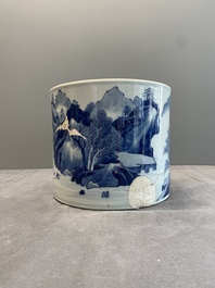 A Chinese blue and white 'landscape' brush pot, Kangxi