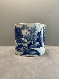 A Chinese blue and white 'landscape' brush pot, Kangxi