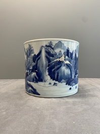 A Chinese blue and white 'landscape' brush pot, Kangxi