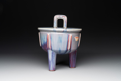 A Chinese flamb&eacute;-glazed tripod censer, 'ding 鼎', 18/19th C.