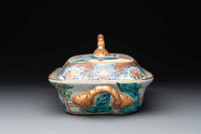 A Chinese Canton famille rose 'mandarin subject' oval dish, a strainer, a covered tureen and stand, 19th C.